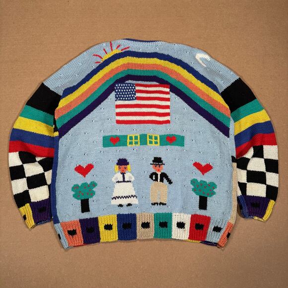 Vintage Teacher Americana Knit Cardigan USA Statue of Liberty Southwest Scene XL - Picture 2 of 8